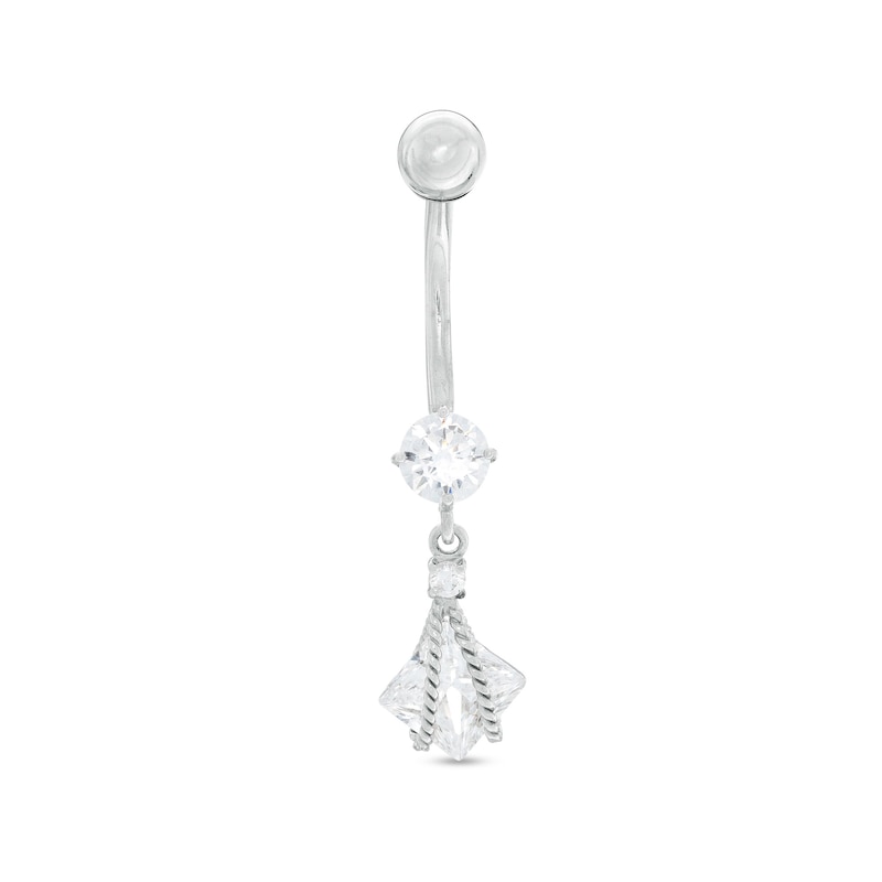 Main Image 1 of 10K Semi-Solid White Gold CZ Square and Round Flower Rope Dangle Belly Button Ring - 14G