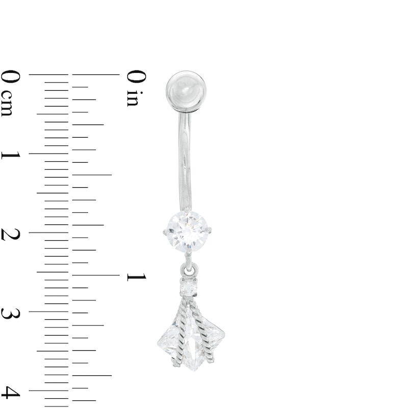 Main Image 2 of 10K Semi-Solid White Gold CZ Square and Round Flower Rope Dangle Belly Button Ring - 14G