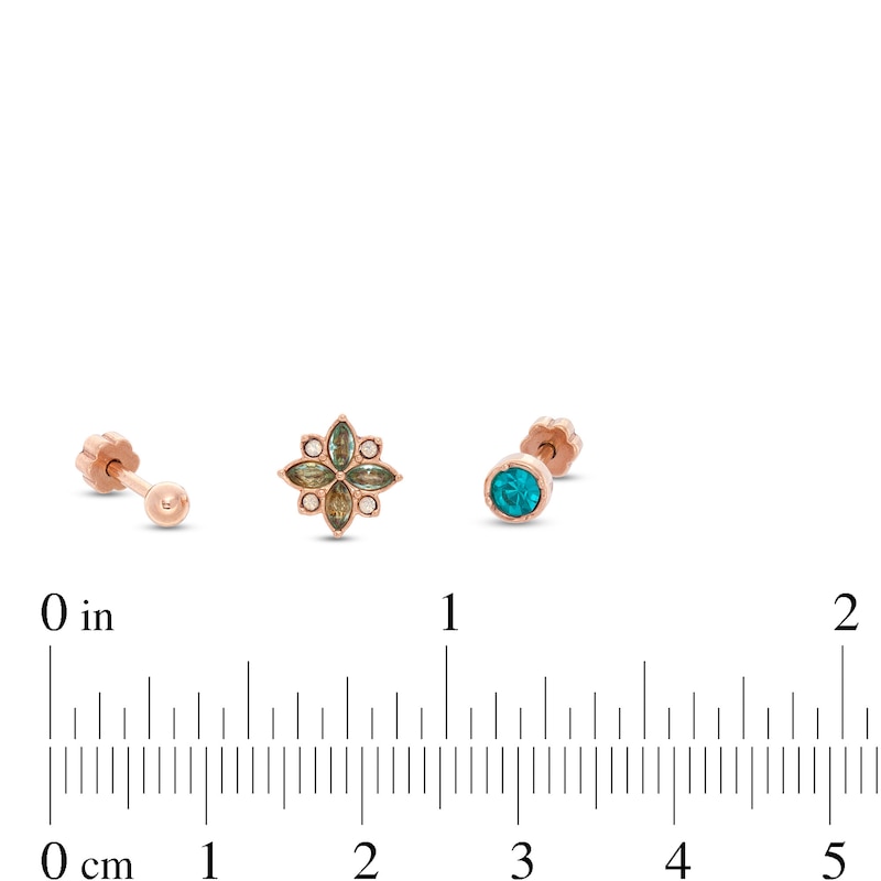 018 Gauge Blue, Green and Iridescent Cubic Zirconia Cartilage Barbell Set in Stainless Steel with Rose IP