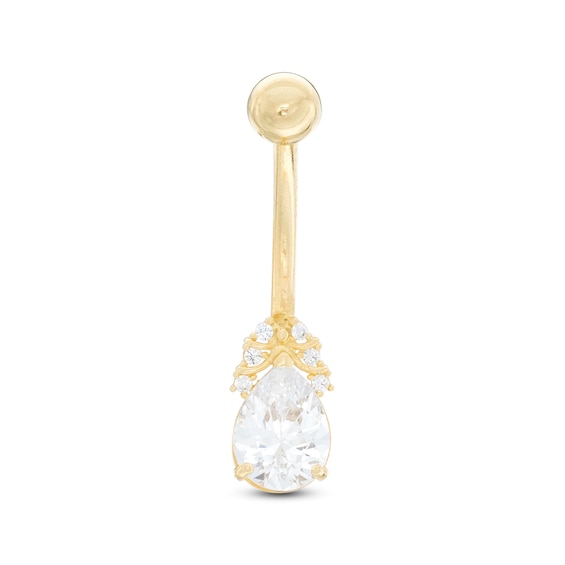 014 Gauge Pear-Shaped and Round Cubic Zirconia Belly Button Ring in 10K Gold