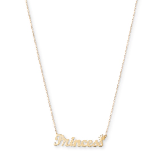 Cursive "Princess" with Crown Necklace in 10K Gold - 20"