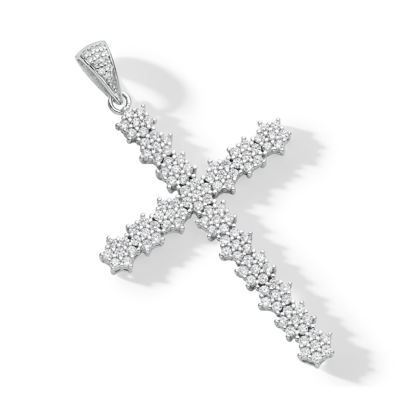 Main Image 3 of Cubic Zirconia Floral Cluster Cross Necklace Charm in Solid Sterling Silver