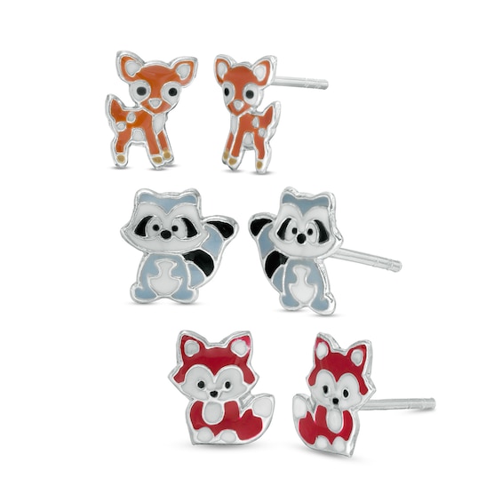 Child's Enamel Fawn, Raccoon and Fox Stud Earrings Three Piece Set in Sterling Silver