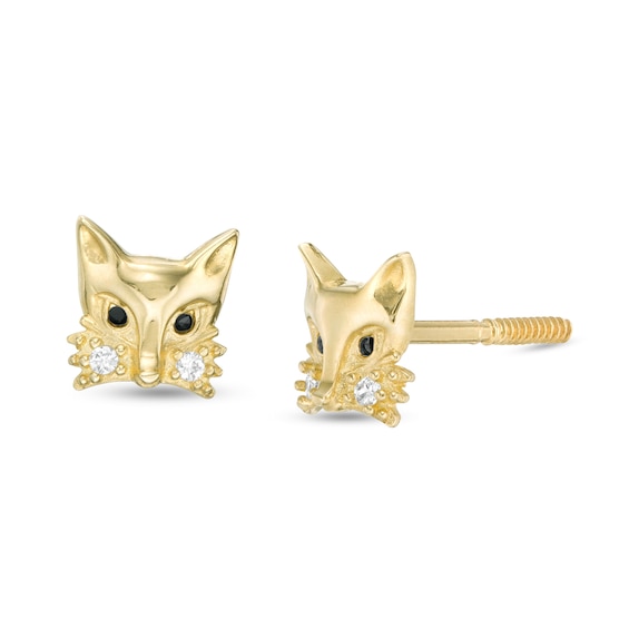 Child's Black and White Cubic Zirconia Fox Stud Earrings in 10K Gold