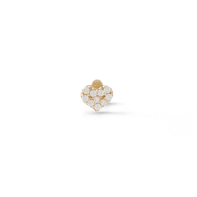 14K Gold Tube CZ Pavé Heart Stud - 18G 5/16"