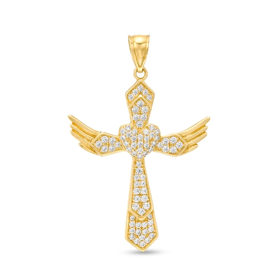 Cubic Zirconia Gothic-Style Cross with Heart and Wings Necklace Charm in 10K Gold