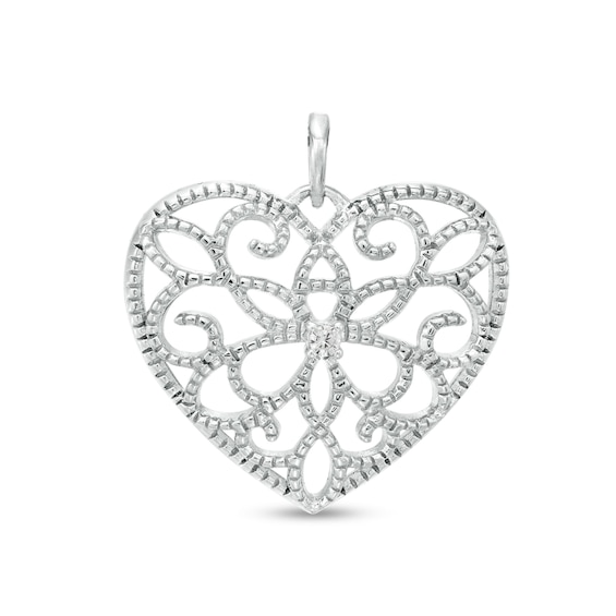 Cubic Zirconia Filigree Vintage-Style Heart Necklace Charm in Sterling Silver