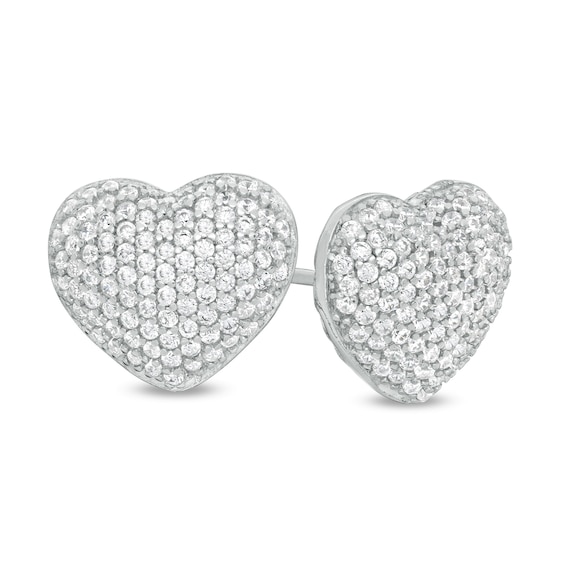 Cubic Zirconia Pavé Composite Puff Heart Stud Earrings in Sterling Silver