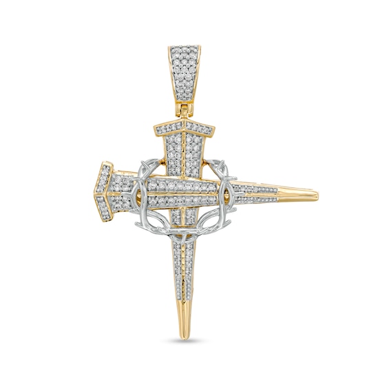 Cubic Zirconia Crown of Thorns Nail Cross Necklace Charm in 10K Two-Tone Gold