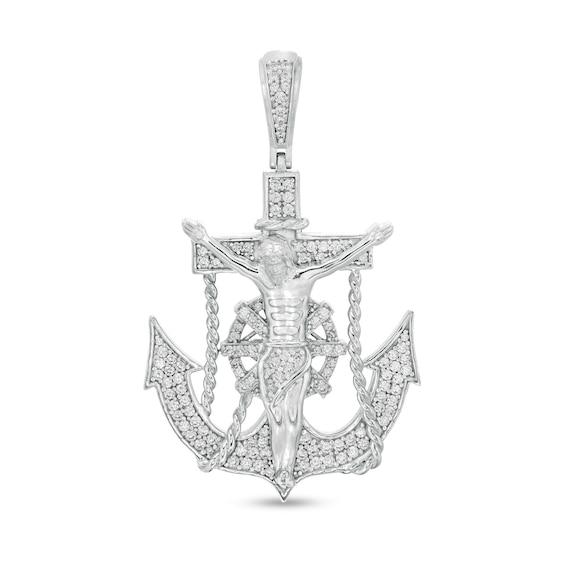 Cubic Zirconia Crucifix Anchor Necklace Charm in Sterling Silver