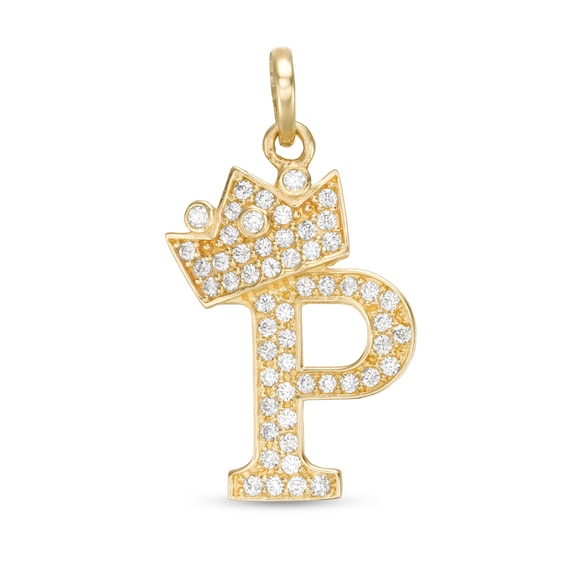 Cubic Zirconia "P" Initial with Crown Necklace Charm in 10K Solid Gold