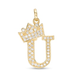 Cubic Zirconia &quot;U&quot; Initial with Crown Necklace Charm in 10K Solid Gold