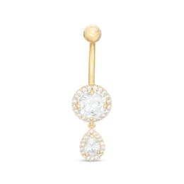 014 Gauge Pear-Shaped and Round Cubic Zirconia Frame Dangle Belly Button Ring in 10K Gold