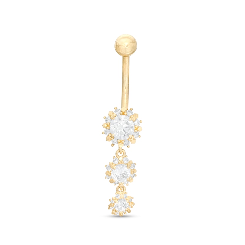 Main Image 1 of 014 Gauge Cubic Zirconia Flower Graduated Trio Dangle Belly Button Ring in 10K Gold