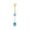 Thumbnail Image 0 of 014 Gauge Pear-Shaped Blue and Round White Cubic ZIrconia Frame Double Teardrop Belly Button Ring in 10K Gold