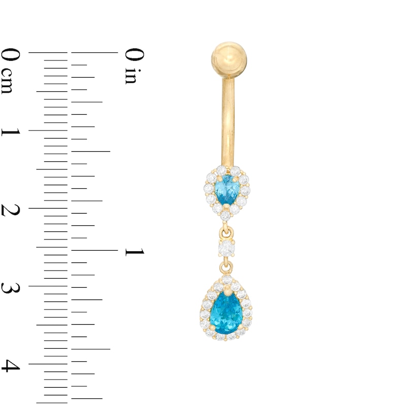 014 Gauge Pear-Shaped Blue and Round White Cubic ZIrconia Frame Double Teardrop Belly Button Ring in 10K Gold