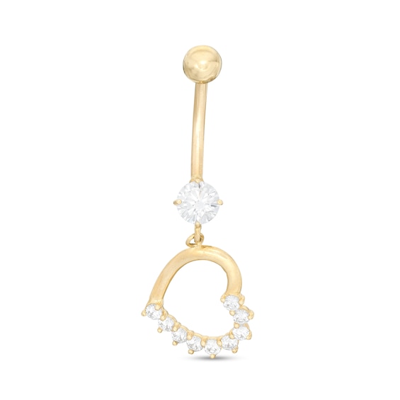 014 Gauge Cubic Zirconia Tilted Half Shadow Heart Belly Button Ring in 10K Gold