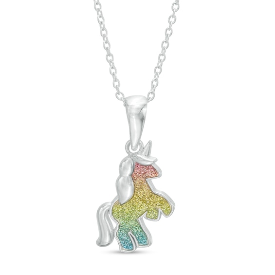 Child's Rainbow Glitter Enamel Unicorn Pendant in Sterling Silver - 15"