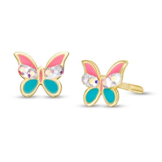 Child's Iridescent Cubic Zirconia Multi-Color Enamel Butterfly Stud Earrings in 10K Gold