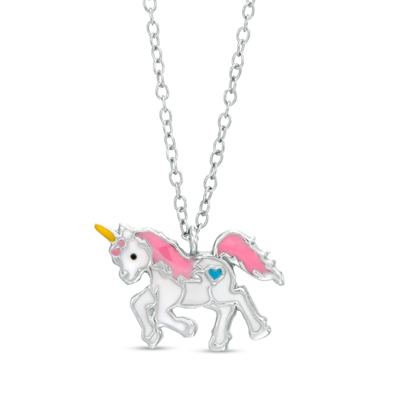 Child's Multi-Color Enamel Unicorn Pendant in Sterling Silver - 17"