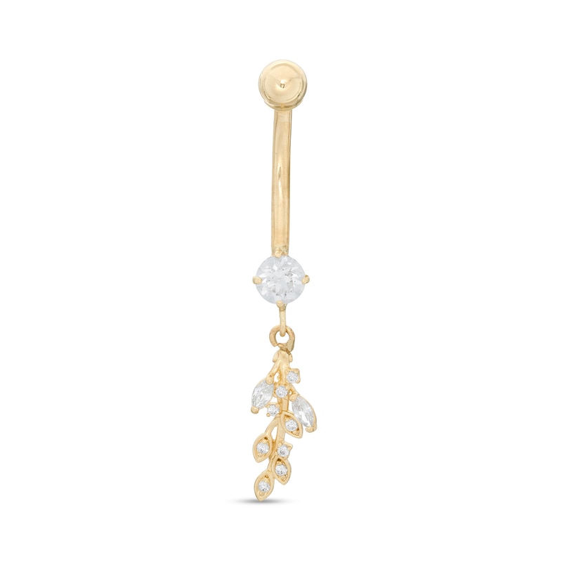 Main Image 1 of 014 Gauge Cubic Zirconia Leafy Dangle Belly Button Ring in Semi-Solid 10K Gold