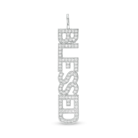 Cubic Zirconia Vertical "BLESSED" Necklace Charm in Sterling Silver