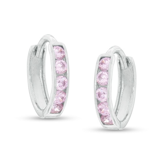 Light Pink Cubic Zirconia Channel-Set Five Stone 9.15mm Huggie Hoop Earrings in Sterling Silver