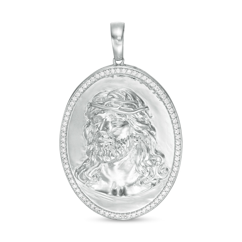 Main Image 1 of Cubic Zirconia Frame Jesus Head Oval Medallion Necklace Charm in Sterling Silver