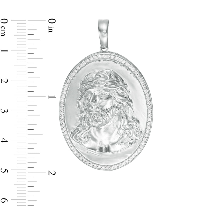 Main Image 2 of Cubic Zirconia Frame Jesus Head Oval Medallion Necklace Charm in Sterling Silver