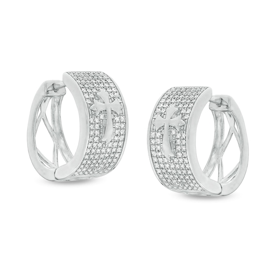 Cubic Zirconia PavÃ© Gothic-Style Cross 13mm Huggie Hoop Earrings in Sterling Silver