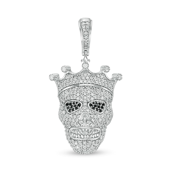 Black and White Cubic Zirconia Skull with Crown Necklace Charm in Sterling Silver