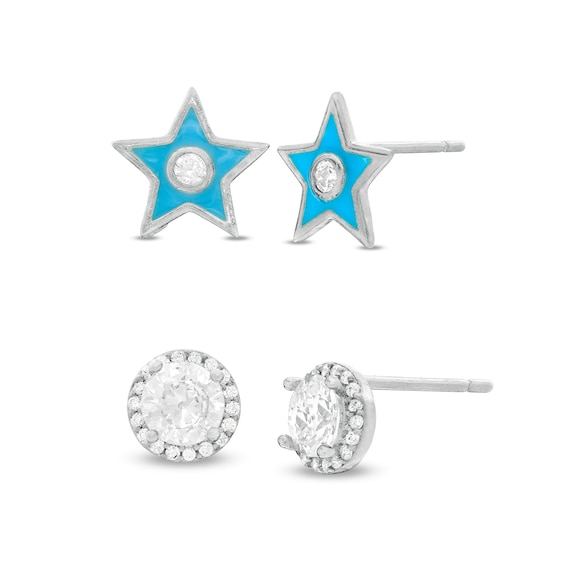 4.5mm Cubic Zirconia Frame and Blue Enamel Star Two Pair Stud Earrings Set in Sterling Silver