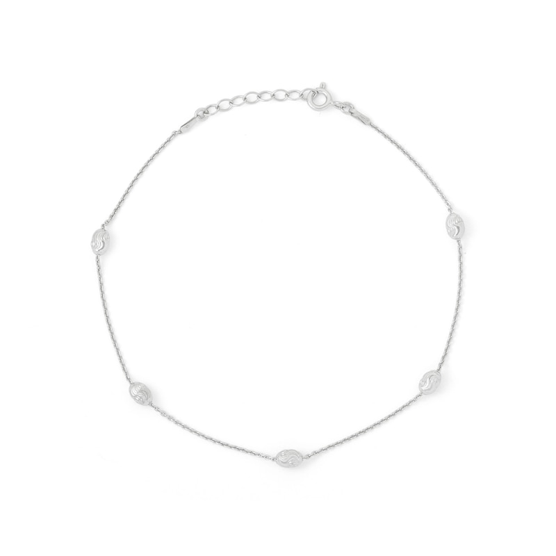 Main Image 2 of Solid Sterling Silver Diamond-Cut Oval Bead Station Anklet Made in Italy