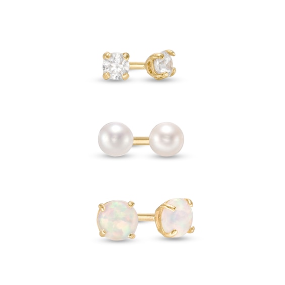 Simulated Opal, Cultured Freshwater Pearl and Cubic Zirconia Stud Earrings Set in 10K Gold