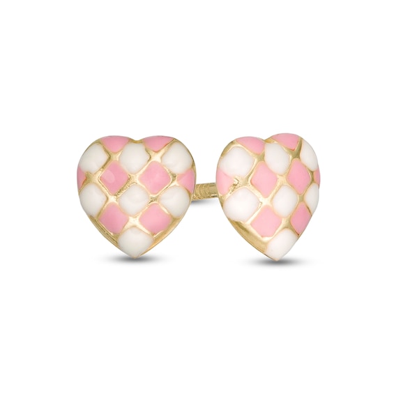 Child's Pink and White Enamel Checkered Heart Stud Earrings in 10K Gold