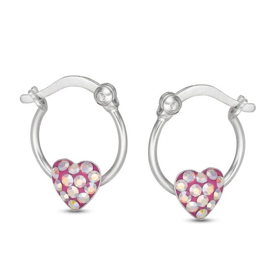 Child's Iridescent Pink Crystal Heart Hoop Earrings in Sterling Silver