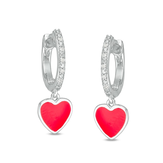 Diamond Accent Huggie with Red Enamel Heart Dangle Hoop Earrings in Sterling Silver