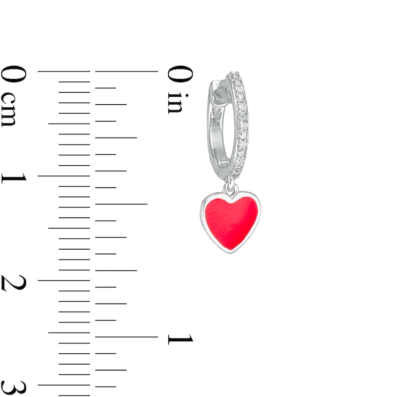 Main Image 2 of Diamond Accent Huggie with Red Enamel Heart Dangle Hoop Earrings in Sterling Silver