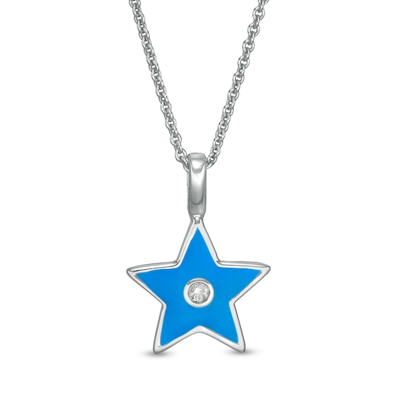 Diamond Accent Solitaire Blue Enamel Star Pendant in Sterling Silver - 16"