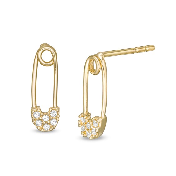 Cubic Zirconia Safety Pin Drop Earrings in 10K Gold