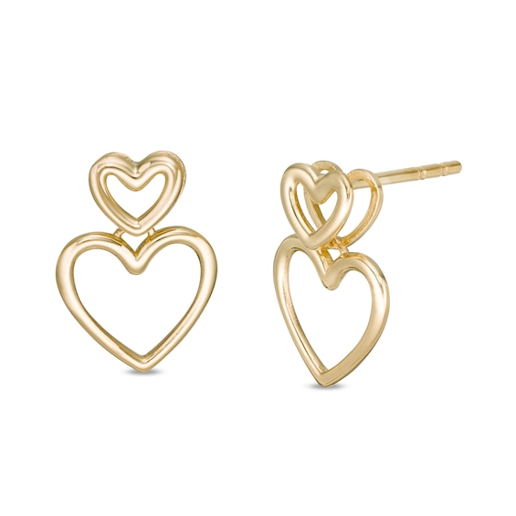 Stacked Double Heart Outline Drop Earrings in 10K Gold