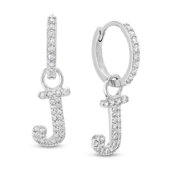 Cubic Zirconia Initial "J" Dangle Huggie Hoop Earrings in Sterling Silver