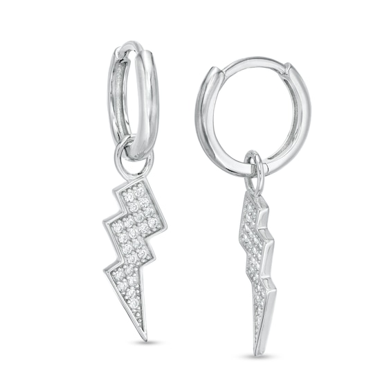 Cubic Zirconia Lightning Bolt Dangle Huggie Hoop Earrings in Sterling Silver