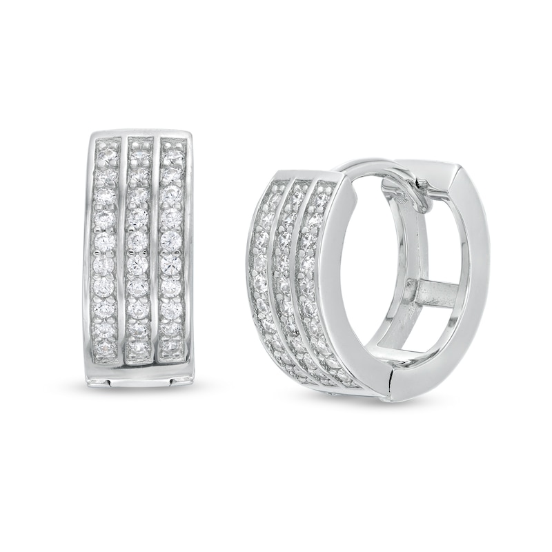 Main Image 1 of Cubic Zirconia Triple Row Huggie Hoop Earrings in Solid Sterling Silver