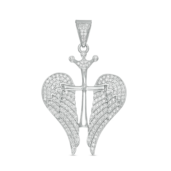 Cubic Zirconia Cross with Crown and Wings Charm in Sterling Silver