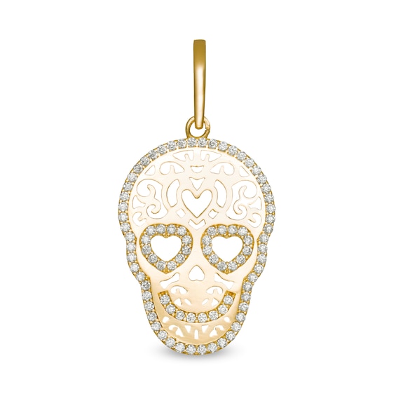 Cubic Zirconia Filigree Sugar Skull Necklace Charm in 10K Gold