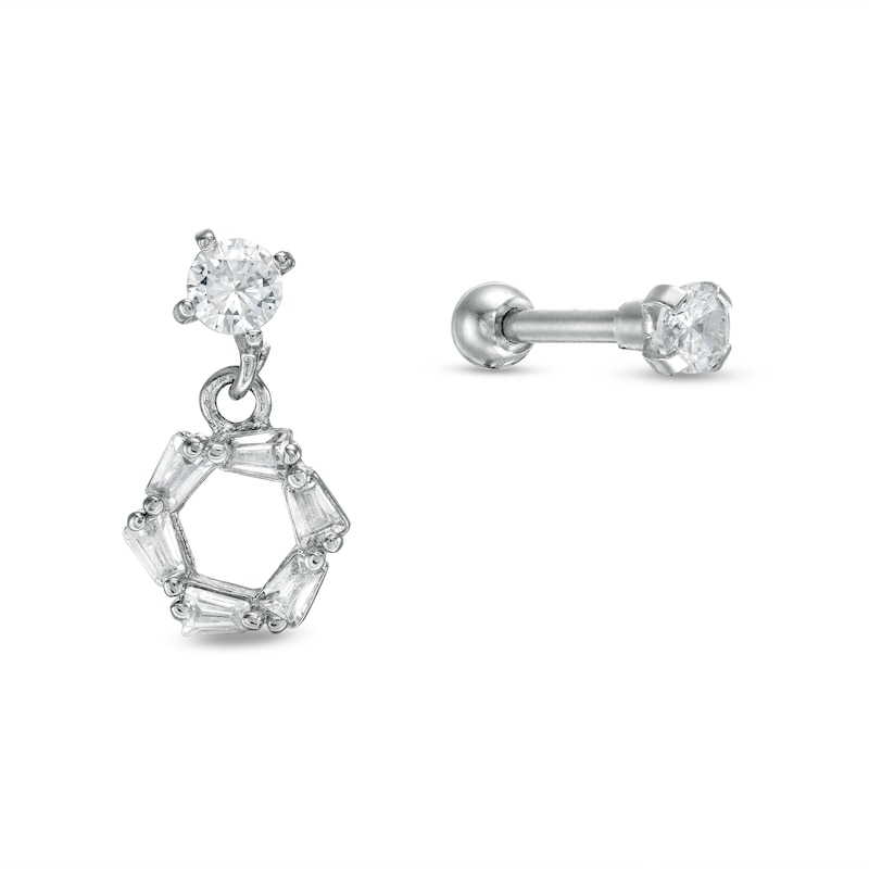 Main Image 1 of 016 Gauge 3mm Cubic Zirconia Geometric Dangle and Solitaire Cartilage Barbell Set in Stainless Steel and Brass