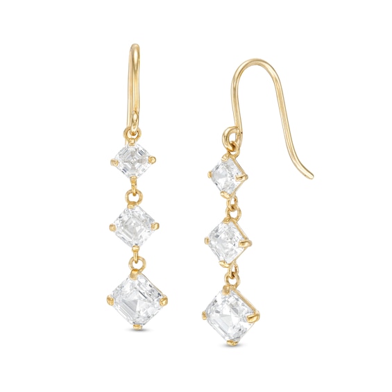 Princess-Cut Cubic Zirconia Three Stone Drop Earrings in 10K Gold