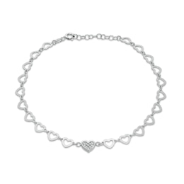 Sterling Silver CZ Heart Link Anklet Made in Italy