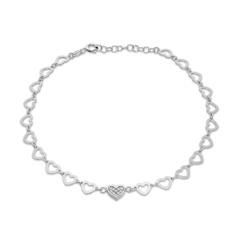 Sterling Silver CZ Heart Link Anklet Made in Italy